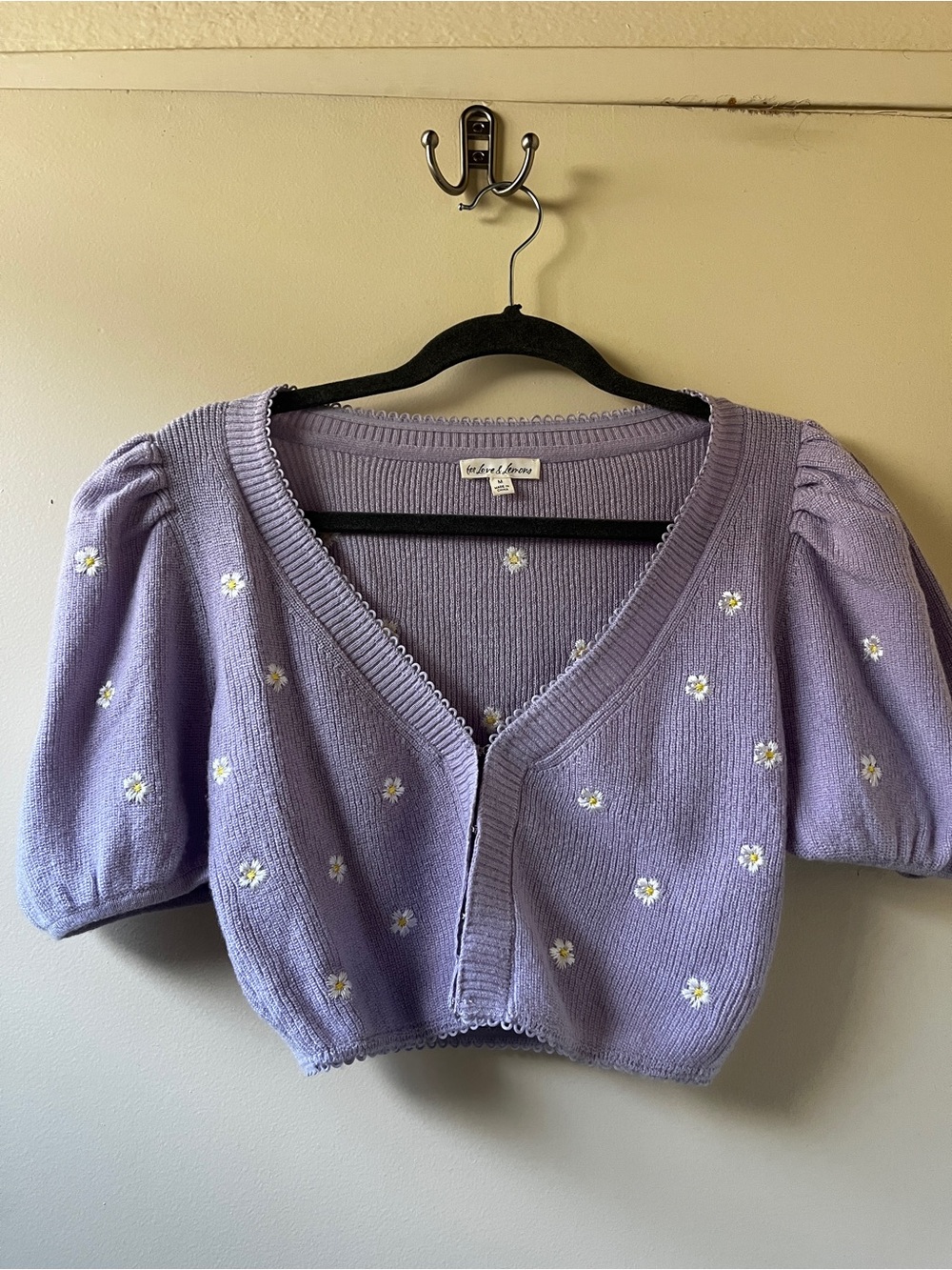 For Love & Lemons Lavender Daisy Puff Sleeve Cropped Cardigan